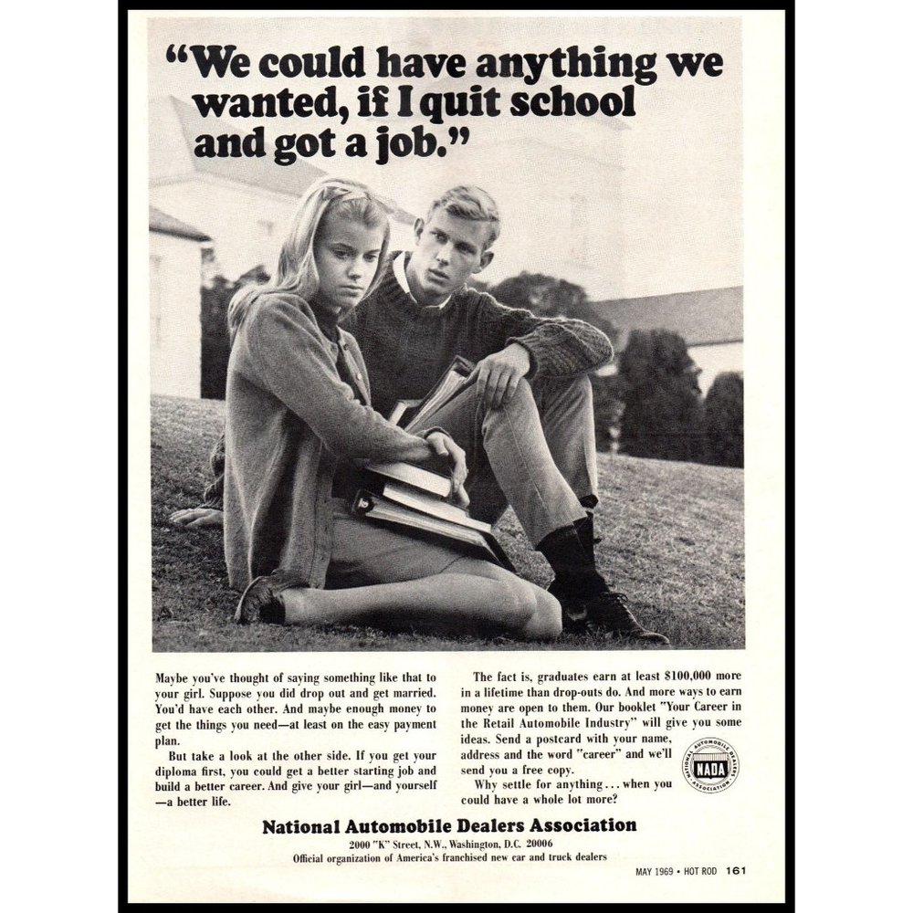1969 NADA Car Salesman Recruiting Vintage Print Ad High School Sweethearts Photo